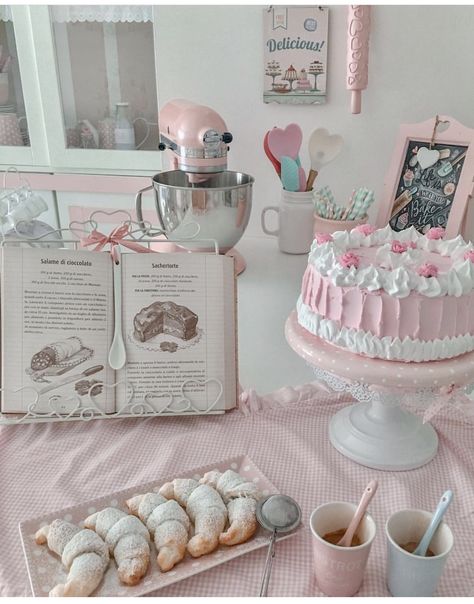 Cake Decorator Aesthetic, Pink Cooking Aesthetic, Pink Bakery Aesthetic, Inside Bakery, Coquette Bakery, Coquette Kitchen, Baking Table, Foods For Clear Skin, Victorian Room