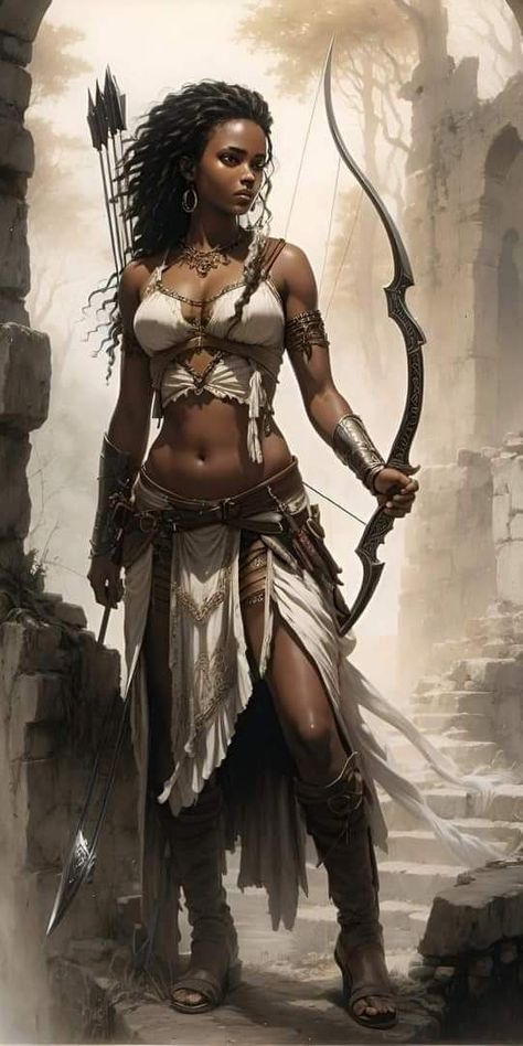 Woman Archer, Female Monster, Bw Art, African Goddess, Native American Paintings, Pirate Outfit, Dark Fantasy Artwork, Amazon Warrior, Elf Art