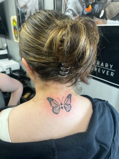 Big Semi-colon Tattoo Ideas, Semi-colon Butterfly Tattoo Aesthetic, Semi-colon Butterfly Tattoo, Butterfly Semicolon Tattoo, Butterfly Semicolon, Colon Tattoo, Butterfly Neck Tattoo, Butterfly Wrist Tattoo, Basic Tattoos