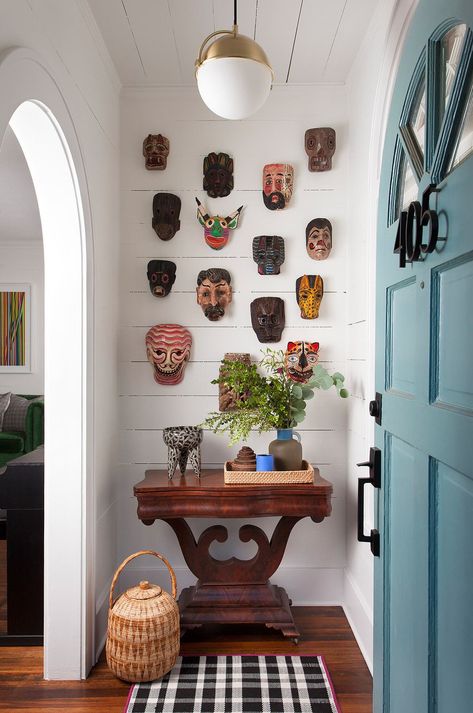 The Austin Bungalow Had Charm. But It ‘Needed Everything.’ - The New York Times Front Hallway Ideas, Marble Mosaic Backsplash, Second Floor Addition, Vintage Mask, Austin Interior Design, 1920s Bungalow, North Campus, Circular Table, Front Steps