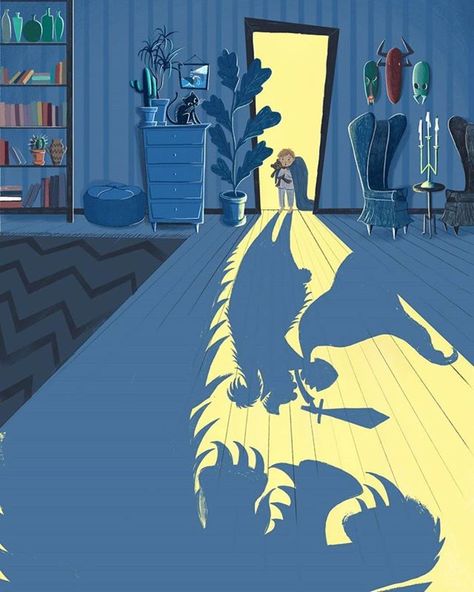 Lighting And Shadow, Shadow Knight, Bedroom Illustration, Shadow Monster, Writing Picture Books, Shadow Illustration, Monster Under The Bed, Night Shadow, Perspective Drawing Architecture