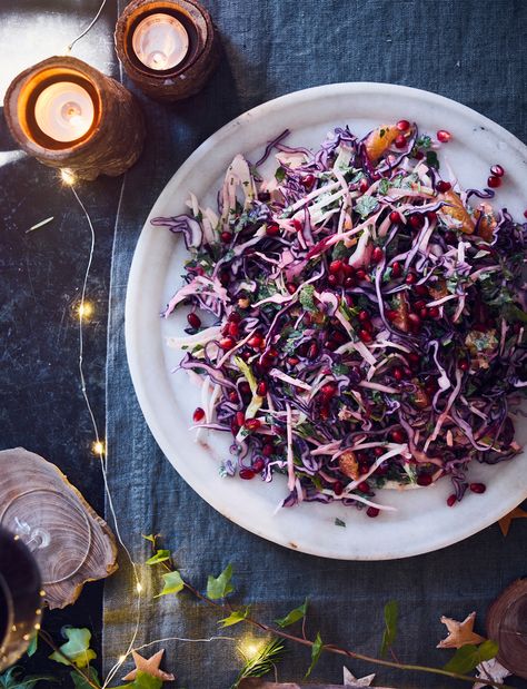 Dive into this vegetarian jewelled winter slaw recipe from Jackson and Levine Winter Slaw Recipe, Christmas Coleslaw Recipes, Christmas Slaw Recipes, Winter Dinner Party Recipes, Christmas Food Vegetarian, Christmas Side Salads, Festive Salads Christmas, Winter Bbq Side Dishes, Christmas Coleslaw