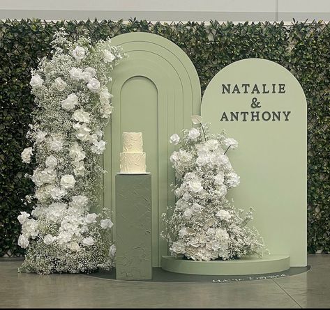 Sage Backdrop Ideas, Sage Backdrop Wedding, Backdrop Ideas Engagement, Sage Wedding Backdrop, Sage Green Arch Backdrop, White And Green Wedding Backdrop, Sage Green Wedding Backdrop, Sage Green Bridal Shower Ideas, Sage Green Wedding Decorations