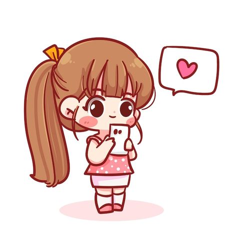 Girl With Phone In Hand Drawing, Girl Holding Phone Reference, Chibi Holding Phone, Girl Using Phone Drawing, Girl With Phone Cartoon, Mobile Cartoon, Bubble Heart, Heart Cartoon, Girl Cartoon Characters