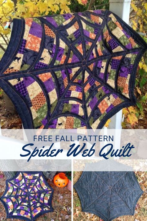 Halloween Spider Web Quilt, Spider Sewing Patterns, Beginner Quilting Projects Simple, Free Sewing Patterns Halloween, Halloween Crafts Sewing, Things To Do With Old Jeans Diy, Halloween Decorations Sewing, How To Make A Quilt Pattern, Spider Man Quilt Pattern