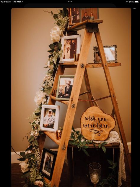 Ladder Decor Wedding Receptions, Picture Board Wedding Receptions, Wedding Ladder Ideas, Remembrance Ladder Wedding, Picture Ladder Wedding, Ladder Picture Display Wedding, Wedding Photo Display At Reception Family Pictures, Wooden Ladders Ideas Decor Wedding, Wedding Ladder Display