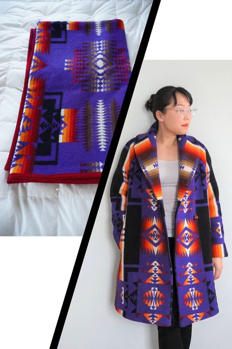 How to Refashion a Wool Blanket into a Winter Coat Blanket Capote Patterns, Diy Wool Blanket Coat, Blanket Coat Pattern Diy, Diy Coat From Blanket, How To Make A Coat From A Blanket, Jackets Made From Blankets, Jacket From Blanket Diy, Wool Poncho Pattern Sewing, Coat Made From Wool Blanket