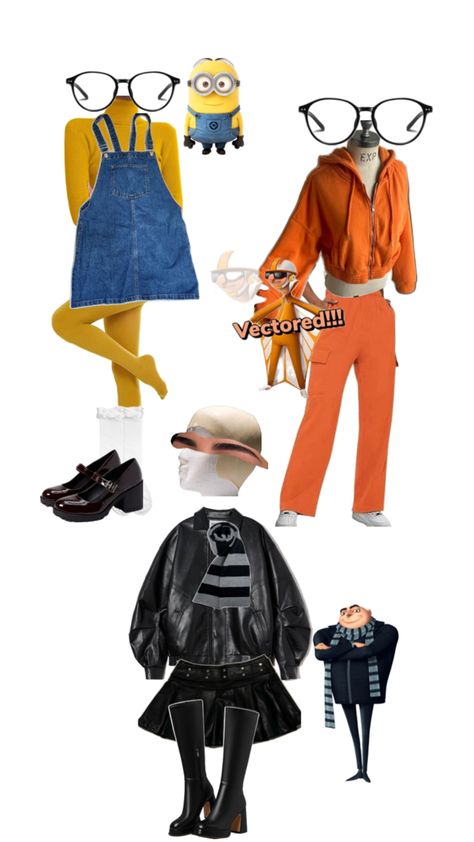 Despicable Me Costume Inspo. Minions, Vector, + Gru Halloween costume Gru Costume, Despicable Me Costume, Gru And Minions, Fun Halloween Outfits, Purim Costumes, Trio Costumes, Minion Halloween, Minion Costumes, Spirit Week Outfits