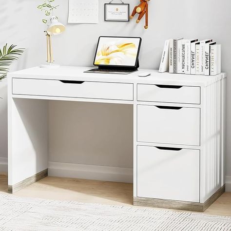 Amazon.com: MaverickFurni White Desk with 4 Drawers, Small Desk with Storage, White Computer Desk with Filing Cabinet, Small Desks for Kids, Home Office Desk with Drawers, Bedroom, Small Space : Home & Kitchen Cute Desk With Storage, Cute Desks White, White Desk With Drawers On Both Sides, Desk For Girls Bedroom, White Desk In Bedroom, Desk White Aesthetic, White Desk With Shelves, Study Table Ideas Bedroom, Small Desk With Storage