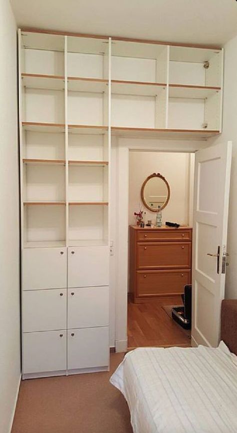 Closet For Tiny Bedroom, Beds In Closets Ideas, Tiny Dressing Room Ideas, Tiny Room Storage, Small Bedroom Ideas With Closet, Small Bedroom With Closet, Small Narrow Bedroom Ideas, Tiny Master Bedrooms Decor, Tiny Bedroom Layout