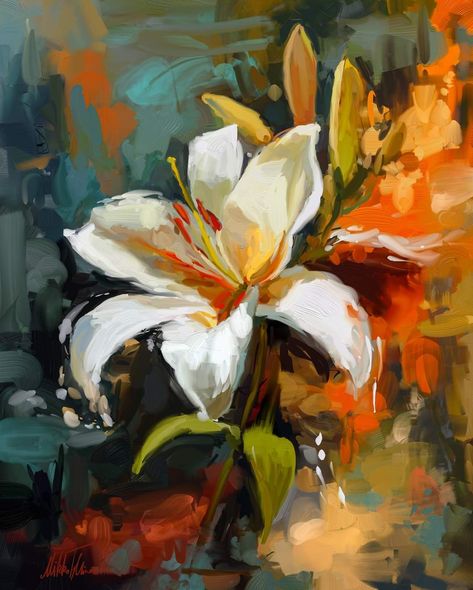 Lily Painting, Digital Oil Painting, Beautiful Painting, Arte Inspo, Sketchbook Art, Oil Painting Flowers, A Level Art, White Lilies, Iron Art