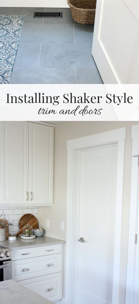 Installing shaker style trim and doors throughout our entire main floor made everything look so bright and fresh. You won't believe the difference! #shaker #craftsmanstyle #trimwork #interiorfinishings Shaker Style Molding, Shaker Style Trim Moldings, Shaker Trim Baseboard, Farmhouse Door Frame Molding, Shaker Trim Moldings, Craftsman Trim Ideas, White 2 Panel Interior Doors, 1x3 Door Trim, Shaker Molding And Trim