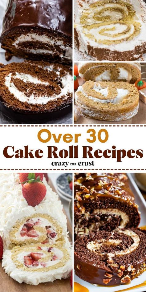 All the cake roll ideas! They're delicious and easy-to-make sweet treats. Not only will you find Swiss roll cake and other chocolate cake rolls, but there are also holiday cake rolls and more cake roll flavors. Save these simple dessert recipes! Jelly Roll Cakes Recipe, Cake Roll Flavors, Cakerolls Recipe, Coconut Cake Roll Recipe, Roll Cakes Recipe Easy, Cake Roll Ideas, Banana Roll Cake, Halloween Cake Roll, White Cake Roll