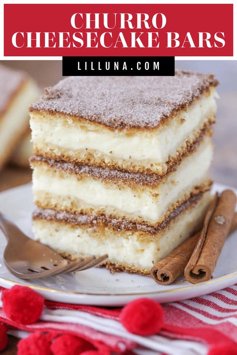 Flaky & delicious Churro Cheesecake bars are covered in cinnamon and sugar filled with a sweet cream cheese layer. #churrocheesecakebars #cheesecake #churros #cheesecakebars #dessert Croissant Cheesecake Bars, Churro Cheesecake Bars Recipes, Churro Cream Cheese Bars, Easy Crockpot Lasagna Recipe, Easy Crockpot Lasagna, Crockpot Lasagna Recipe, Churro Cheesecake Bars, Cheesecake Deserts, Philo Dough