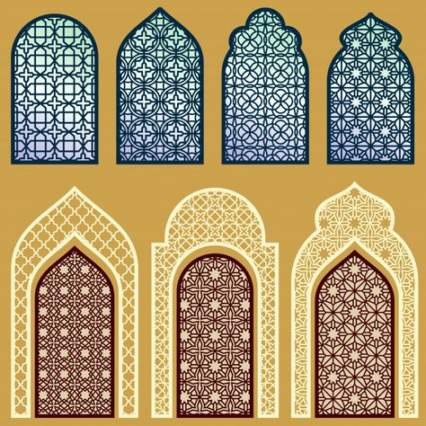 Islamic windows and doors with arabian a... | Premium Vector #Freepik #vector #pattern #frame #vintage #islamic Dekorasi Maroko, Door Illustration, Islamic Design Pattern, معرض فني, Motif Arabesque, Mosque Design, Arabian Art, Arabic Style, Art Ornament