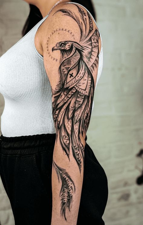 Phoenix Tattoo Design Images (Phoenix Ink Design Ideas) Peacock Tattoo Sleeve, Engagement Tattoo, Phoenix Tattoo Arm, Engagement Tattoos, Phoenix Tattoo Sleeve, Phoenix Tattoo Ideas, Half Arm Sleeve Tattoo, Phoenix Tattoo Feminine, Minimal Tattoo Designs