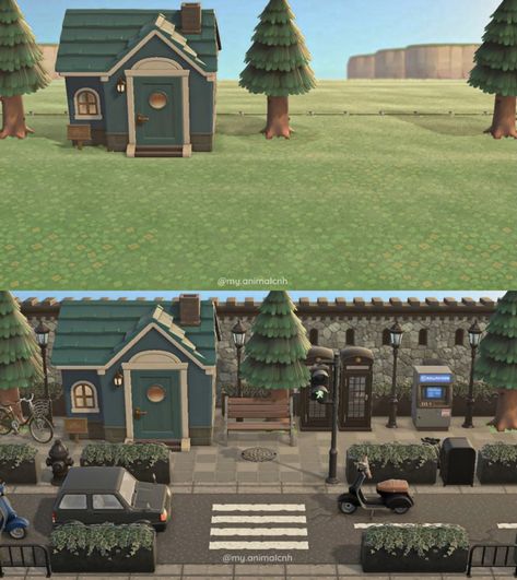 Animal Crossing City Core Villagers, Acnh Villager Home Exterior, Acnh Villagers Homes City, Acnh Hhp Exterior City, Acnh Citycore Villager Houses, Acnh City House, Acnh House Exterior Ideas City, Animal Crossing Happy Home Paradise Exterior, Hhp Exterior Ideas