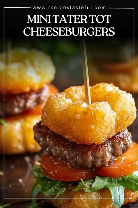 These Mini Tater Tot Cheeseburgers are a fun, bite-sized twist on classic cheeseburgers. With crispy tater tots replacing the buns, melty cheddar cheese, and fresh toppings, they're perfect for parties or snack time. Simple to assemble and packed with flavor, they’re sure to be a hit with all ages! Tater Tot Cheeseburger, Beef Patties Recipes, Mini Cheeseburger, Beef Patties, Mini Burgers, Tater Tots, Christmas Brunch, Quick Weeknight Meals, Snack Time