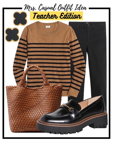 Brown And Black Striped Sweater Outfit, Brown Striped Sweater Outfit, Black Striped Shirt Outfit, Beige Top Outfit, Outfit Ideas Teacher, Striped Top Outfit, Loafer Outfits, Long Cardigan Outfit, Brown Pants Outfit