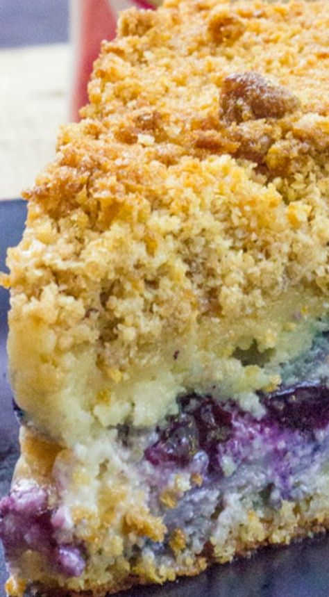 Blueberry Cream Cheese Coffee Cake ~ with a tender center, creamy filling and a crunchy, buttery topping... A perfect mix of crumb coffee cake and cheesecake. Blueberry Cream Cheese Coffee Cake, Buckle Recipe, Blueberry Buckle Recipe, Cheese Coffee Cake, Crumb Coffee Cakes, Weight Watcher Desserts, Blueberry Buckle, Cream Cheese Coffee Cake, Blueberry Coffee Cake