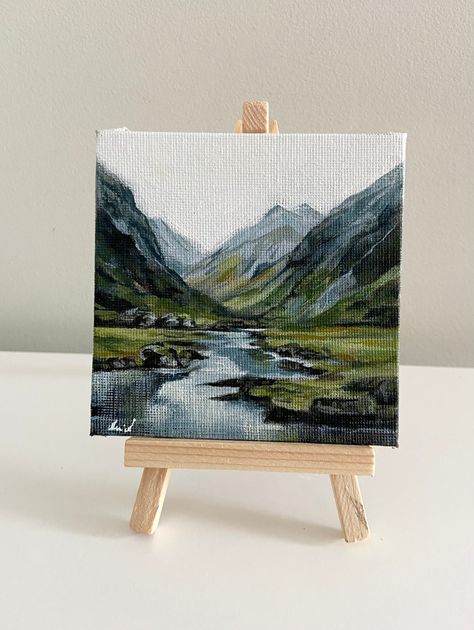 Inspired by the beauty of Ireland - this particular tiny painting has been titled "The Gap of Dunloe" and measures 4x4 inch (10cmx10cm). This is an original hand painted acrylic painting on canvas board - it is not a print .  It can be purchased with or without the mini wooden easel, and will make the perfect gift for anyone who loves the Irish landscape.  It is ready to ship and will be packaged securely, together with a tracking number, for worldwide shipping.  Free gift wrapping. Title:- The 4x6 Acrylic Paintings, Small Painting Gift Ideas, Square Canvas Acrylic Painting, Paint On Small Canvas, Nature Mini Painting, Mini Landscape, Small Square Painting Ideas, Tiny Painting Ideas, Mini Paintings Ideas Aesthetic