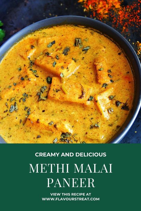 Methi Malai Paneer is a classic Indian curry with cottage cheese and fenugreek leaves cooked in a creamy and rich sauce. This restaurant-style paneer curry is a perfect party recipe to feed a crowd at pot lucks, family gatherings and celebrations. Indian paneer recipes | restaurant style curry | easy paneer recipes | #Indianrecipes #Indianfood #methimalaipaneer #vegetarian #easyindianrecipes #quickdinnerrecipe #vegetarian #paneerrecipe #restaurantstylerecipe #copycatrecipe Paneer Cheese Recipes, Paneer Gravy Recipe, Indian Paneer Recipes, Easy Paneer Recipes, Paneer Curry Recipes, Methi Recipes, Curry Easy, Paneer Curry, Paneer Dishes