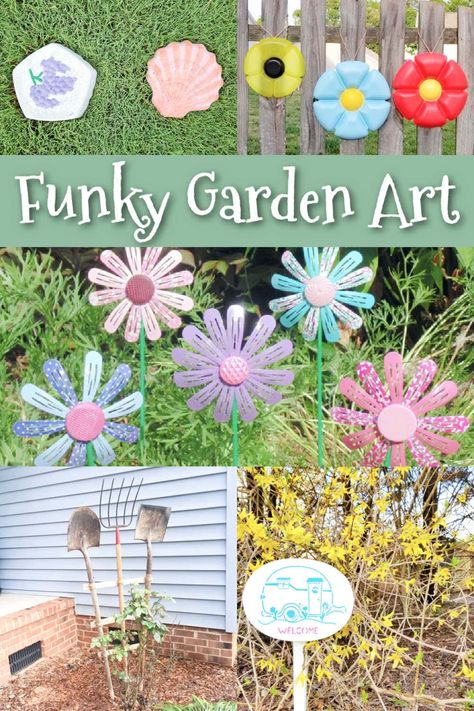 Recycled yard decor makes the BEST yard decor, if you ask me. Funky, quirky, and full of personality, there's no telling what you can upcycle into garden decor at this point! And if you need some DIY inspiration, these ideas might just be the ticket. Easy Diy Flowers, Ideas For Yard, Recycled Yard Art, Metal Flowers Garden, Can Upcycle, Green Spray Paint, Yard Art Crafts, Thrift Store Decor, Upcycle Garden