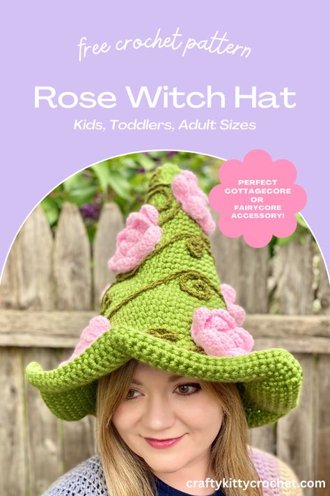 Crochet Whimsical Witch Hat, Wizard Hat Crochet Pattern Free, Fae Crochet Pattern, Ren Faire Crochet Pattern Free, Ren Fair Crochet Patterns, Crochet Fairy Hat Pattern Free, Crochet Fairy Wings Free Pattern, Crochet Costume Hat, Free Cottagecore Crochet Patterns