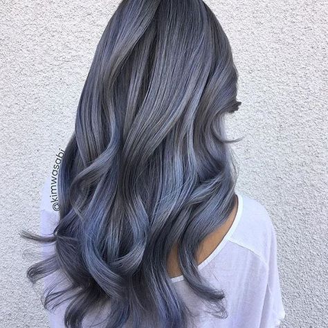 Stunning!! #regram @kimwasabi #americansalon Charcoal Hair, Blue Grey Hair, Blue Ombre Hair, Hair Color Streaks, Different Hair Colors, Hair Color Purple, Grey Hair Color, Hair Dye Colors, Hair Inspiration Color