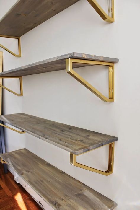 Suspended Shelves, Wooden Shelf Brackets, Diy Shelf Brackets, Wood Shelf Brackets, Ikea Shelf, Gold Shelves, Diy Wood Shelves, Shelf Diy, Wall Shelf Brackets