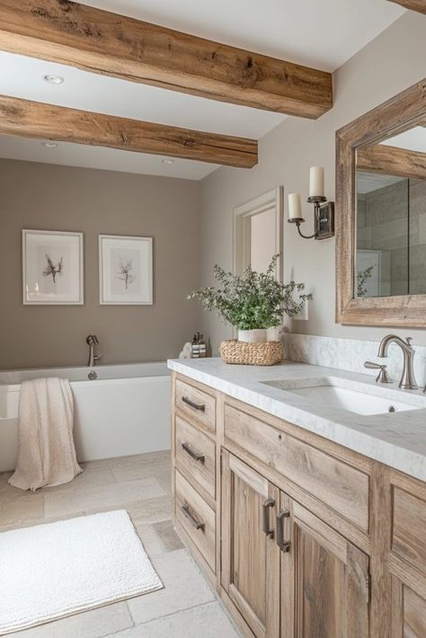 29 Transitional Bathroom Design Ideas for a Modern Yet Traditional Look 10 Natural Wood Vanity Master Bath, Master Bath Inspiration Modern Farmhouse, Modern Farmhouse Primary Bathroom, Modern Mountain Bathroom Ideas, Rustic Minimalist Bathroom, Organic Traditional Bathroom, Natural Bathrooms 2022, Mountain House Bathroom Ideas, Organic Natural Bathroom