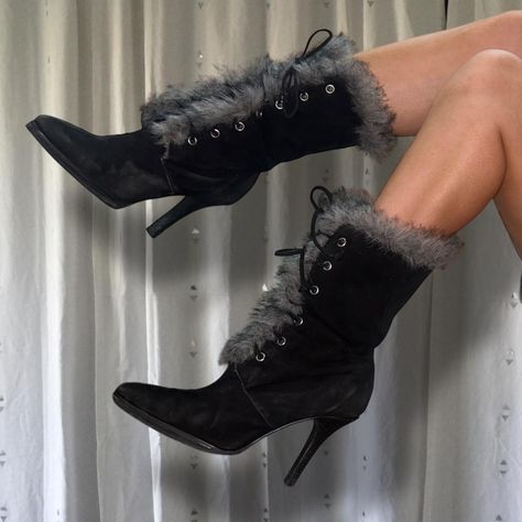 Fur trim black heeled suede lace up mid calf y2k... - Depop Boots With Fur Trim, Y2k Boots, Boots With Fur, Y2k Depop, Suede Lace, Fur Trim, Black Heels, High Boots, Mid Calf