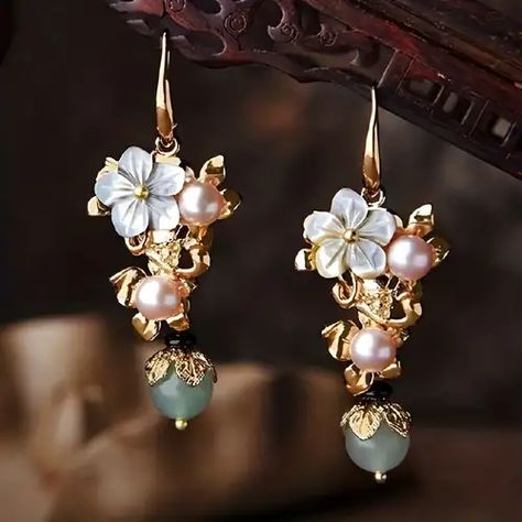 Delicate Flower Faux Pearl Drop Dangle Earrings For Women Party Gift Jewelry - Jewelry & Accessories - Temu Jade Earrings, Pearl Earrings Dangle, Beaded Dangle Earrings, Accessories Jewelry Earrings, Stunning Earrings, Flower Earrings, Vintage Earrings, Earrings Handmade, Fashion Earrings