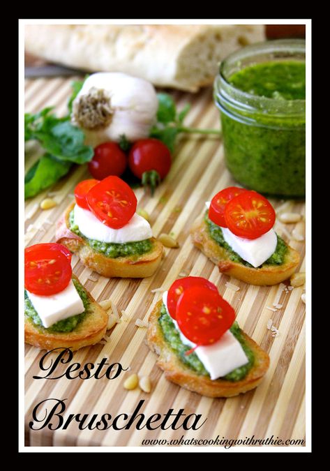 Pesto Bruschetta by whatscookingwithruthie.com Pesto Bruschetta, Best Holiday Appetizers, Bruschetta Recipe, Homemade Pesto, Holiday Appetizers, Starters Recipes, French Bread, Party Food Appetizers, Appetizers Easy