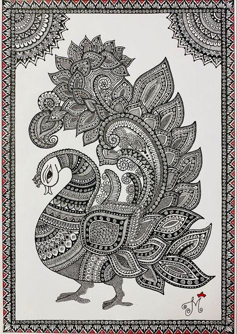 Kalamkari Art Paintings, Madhubani Drawing Indian Paintings, Kalamkari Drawing, Mandala Art Peacock, Indian Mandala Art, Folk Art Madhubani, Traditional Madhubani Art, Madhubani Drawing, Madhubani Paintings Peacock