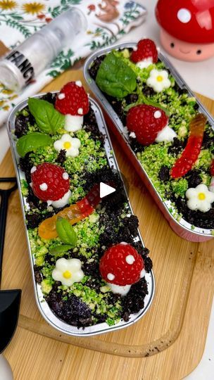 87K views · 1.8K reactions | Easy Brownie recipe. These dirt tins with raspberry mushrooms were so cute 🍄❤️ I love how whimsical they turned out with Fancy Sprinkles edible glitter. The camera did not do these justice. I topped the Oreo brownies (I used boxed brownie mix) with pudding and edible dirt and moss. The moss is crushed golden Oreos with green food coloring but you can skip the food coloring and use crushed matcha biscuits. Decorate with raspberry mushrooms, mint or basil leaves, chocolate flowers and a gummy worm and finish with Fancy Sprinkles Edible Glitter Dusting Pump. I used the Moonstoon Iridescent and they came out so cute! #brownie #brownies #dirtcups #pudding #puddingcup #baking #easyrecipe #minicake #cakedecorating #browniecake #dessert #spring #springbaking #mushroom Matcha Biscuits, Dirt Cups Dessert, Edible Dirt, Wonderland Food, Dessert Spring, Easy Brownie Recipe, Oreo Dirt Cake, Funky Food, Mushroom Cake