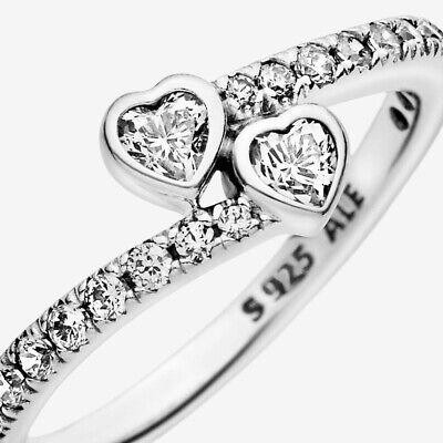 GENUINE PANDORA RING - TWO SPARKLING HEARTS - PRODUCT CODE 191023CZ - SIZE J-K UK, SIZE 50 EU OR SIZE 5 US - 16mm DIAMETER - ORIGINAL COST £55.00 - IN PANDORA BOX - BOUGHT IN ERROR - BRAND NEW Pandora Ring, Pandora Rings, Ring Pictures, Jewelry Lookbook, Piercing Jewelry, Silver Ring, Piercings, Jewelry Watches, 50 %