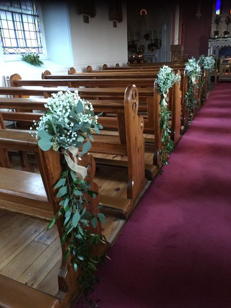 Greenery Pew Decorations, White And Green Pew Ends, Lantern Pew Decorations Wedding, Pew Clips Weddings, Greenery Pew Ends, Eucalyptus Pew Ends, Wedding Pew Ends, Pew Ends Wedding, Pew Decorations Wedding