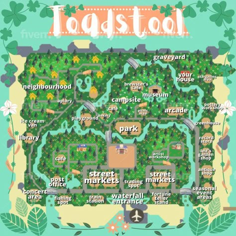 Animal Crossing Island Map, Acnh Themes, Acnh Maps, Island Layout, Cottagecore Animal Crossing, Dream Address, Map Layout, Animal Crossing Guide, Garden Workshops