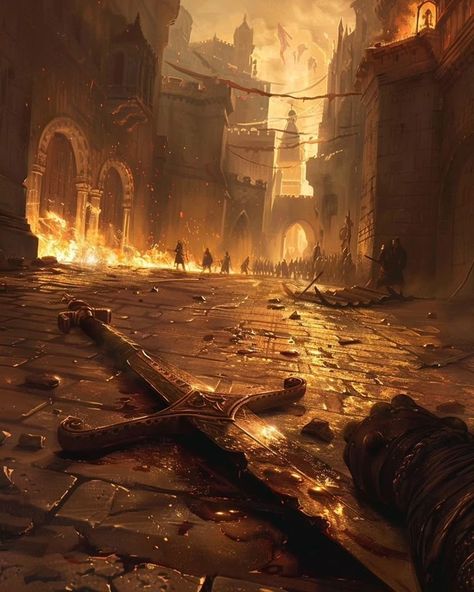 Burning Village Aesthetic, City On Fire Aesthetic, Destroyed Kingdom Art, Dnd Wasteland, Walled City Fantasy Art, Fire Kingdom Aesthetic, Low Fantasy Aesthetic, Fantasy Battle Aesthetic, Burning Kingdom