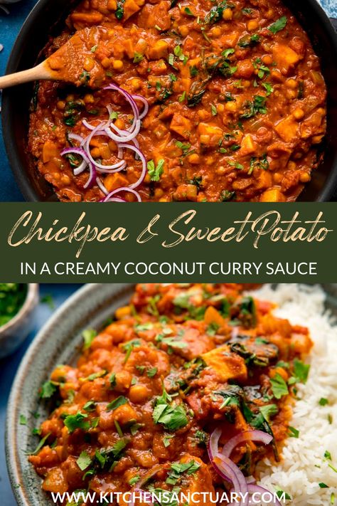 Creamy Vegetable Curry, Curry Sweet Potato Recipes, Sweet Potatoes Chickpeas, Indian Sweet Potato Curry, Sweet Potato Lentil Coconut Curry, Chickpeas Sweet Potato, Chickpea And Sweet Potato Curry, Indian Chickpea Curry Recipes, Chickpea Vegetable Curry