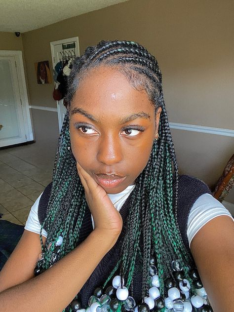 Green Fulani Braids, Green Cornrows, Braids With Green Beads, Green And Black Braids Hairstyles, Green And Black Knotless Braids With Beads, Braided Hairstyles With Green Beads, Green Knotless Braids, Dark Green Braids, Green And Black Box Braids