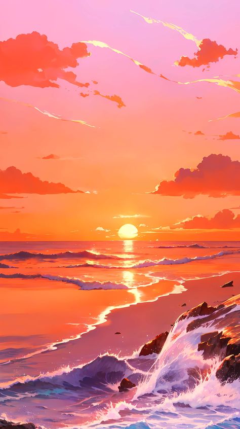 By Inno_Squirrel - Pixiv 60823635  AI generated illustration sea wallpaper beach background sunrise scenery sky Sunrise Anime, Peaceful Wallpapers, Background Sunrise, Sunrise Illustration, Sunrise Scenery, Orange Sunrise, Sunrise Wallpaper, Wallpaper Beach, Sea Wallpaper