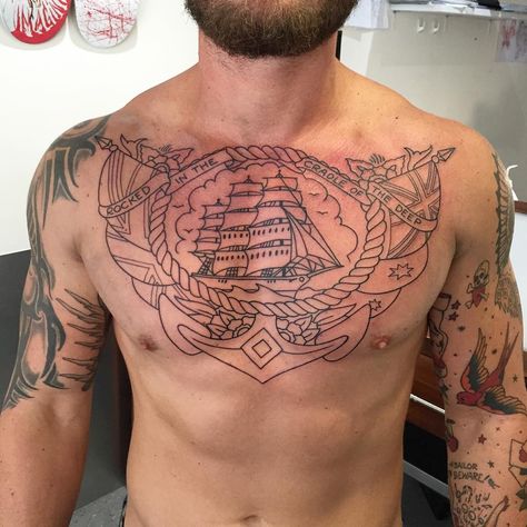 Chest Ship Tattoo, Ship Chest Tattoo Men, Lighthouse Chest Tattoo Men, Men's Chest Tattoo Ideas, Sailor Chest Tattoo, Traditional Chest Tattoo Men, Chest Piece Tattoo Men Design, Sailor Jerry Chest Tattoo, American Traditional Chest Piece