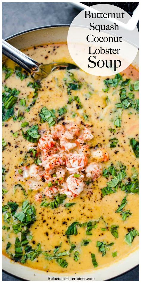 Butternut Squash Coconut Lobster Soup #lobster #butternutsoup Recipe Butternut Squash, Seafood Bisque Recipe, Lobster Soup, Crunchy Bread, Butternut Soup, Seafood Bisque, Bisque Recipe, Favorite Salad, Lobster Recipes