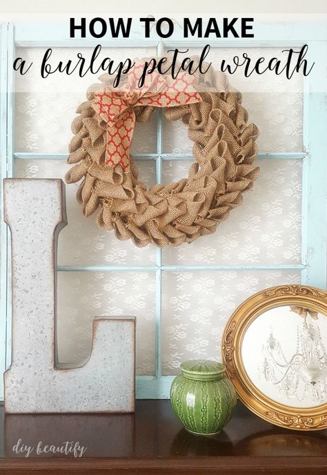 Make this beautiful burlap petal wreath. It's easy, inexpensive and makes a great gift! Find the tutorial at diy beautify. Easy Burlap Wreath, Easiest Burlap, Burlap Wreath Tutorial, Winter Wreath Diy, Fall Leaf Wreaths, Burlap Projects, Cross Wreath, Fabric Wreath, Fall Door Decorations