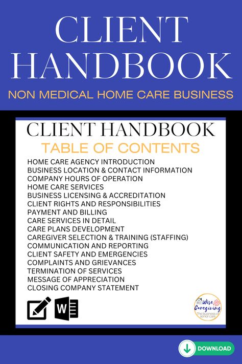 Download this homecare client handbook then add your  company information, logo and it is ready to provide to your clients. Health Marketing Ideas, Homecare Logo, Home Health Marketing Ideas, Home Health Marketing, Health Marketing, Home Care Agency, Appreciation Message, Rights And Responsibilities, Senior Care