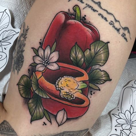 Bell Pepper Tattoo, Pepper Tattoo, Food Tattoo, Food Tattoos, Prison Tattoos, R Tattoo, Tattoo Placement, Bell Peppers, Bell Pepper