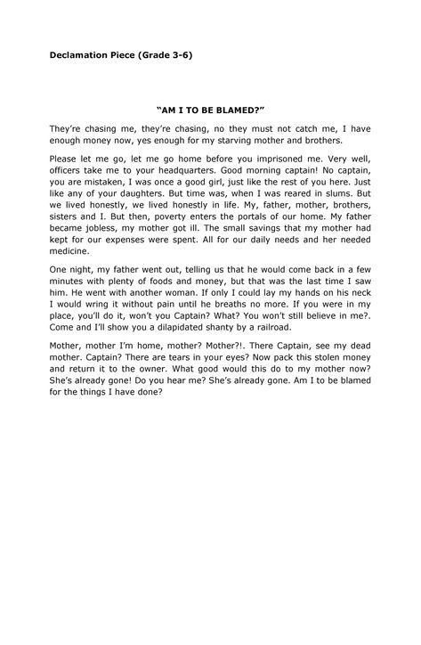 Literary Pieces from various writers - Declamation Piece (Grade 3-6) “AM I TO BE BLAMED?” They’re - Studocu Declamation Piece Short, Like You Quotes, High School Books, Life Of Pi, Lady Of Fatima, Class Notes, Lectures Notes, Reading Strategies, Grade 3