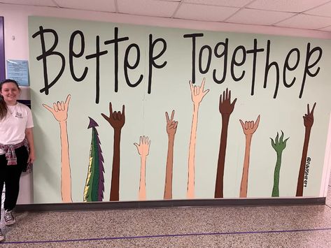 Better Together School Theme, Better Together Classroom Theme, Kindness Murals For School, Mural Quotes, Diversity Mural Art Projects, Classroom Mural Ideas, School Murals Hallways, Community Art Mural, Elementary School Murals